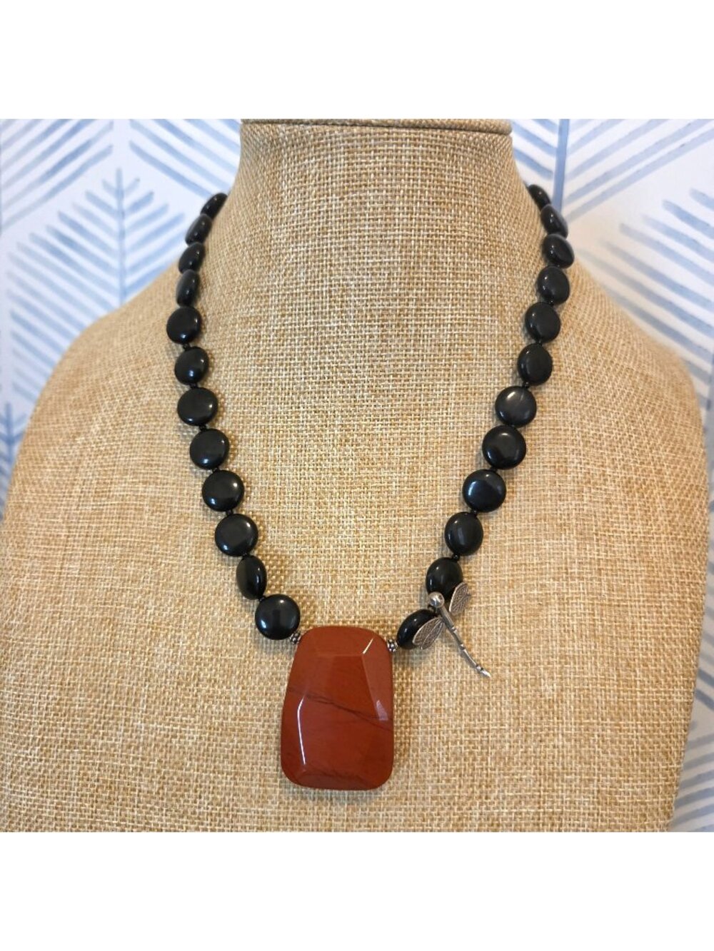 Black Beaded Necklace Red Agate Stone Silver Tone Dragonfly
